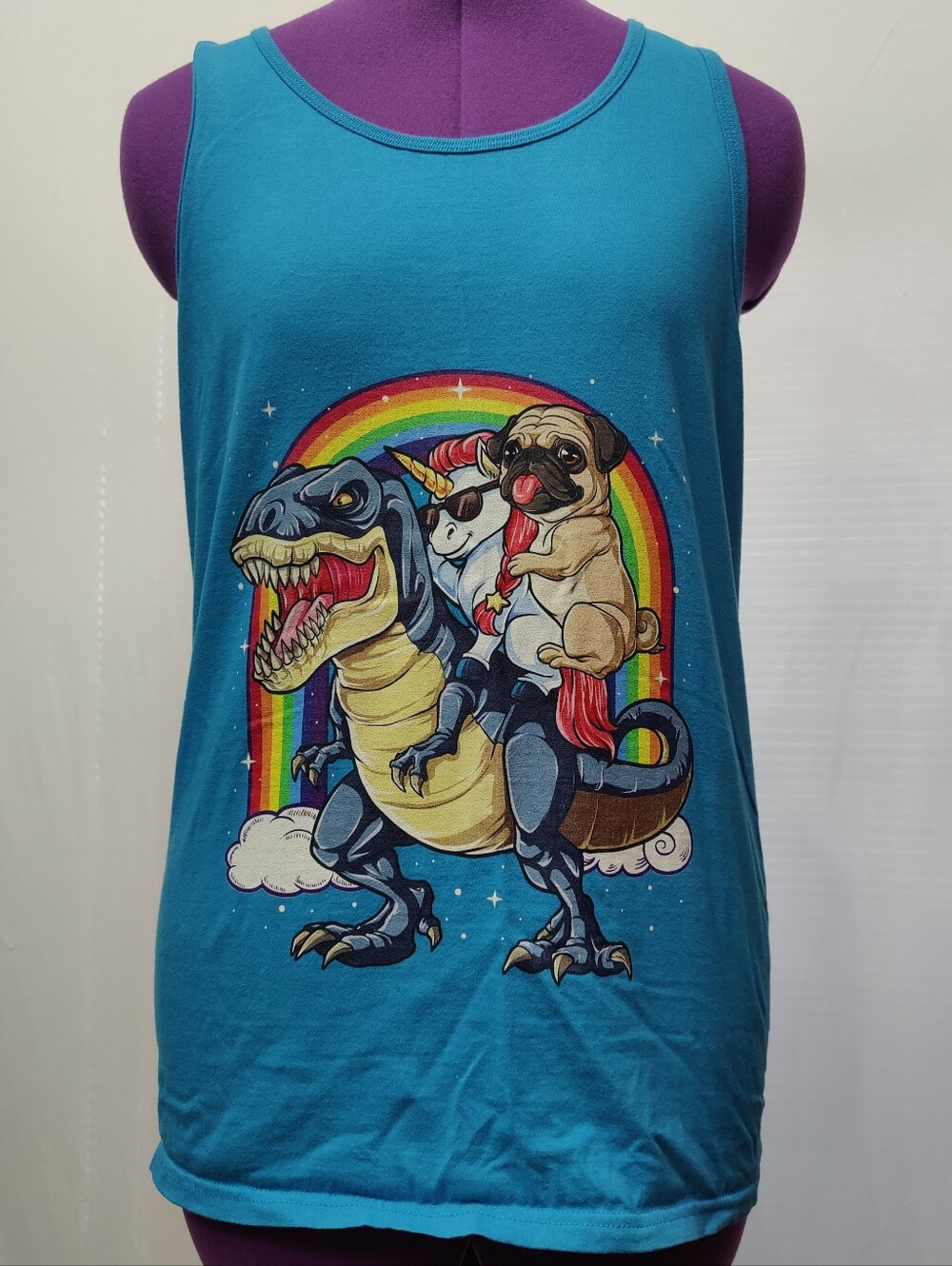 Teal Graphic Tank Top with T-Rex, Unicorn and Pug Rainbow Print